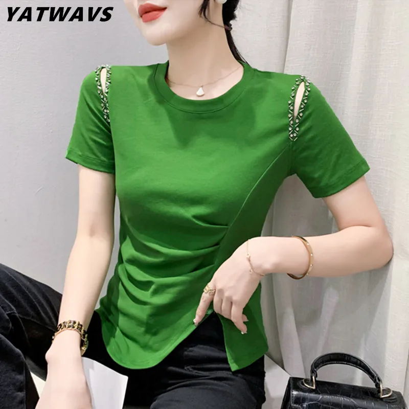 

Chic Summer European Short Sleeved Women Irregular T-Shirt Fashion Sexy Off Shoulder Beading Slim Cotton Tees Female Tops Blusas