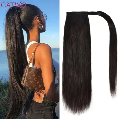 Волосы CATWO для хвоста, человеческие волосы, охватывающие кости, прямые бразильские волосы без повреждений, накладные волосы 8-30 дюймов, заколка для волос, естественный цвет