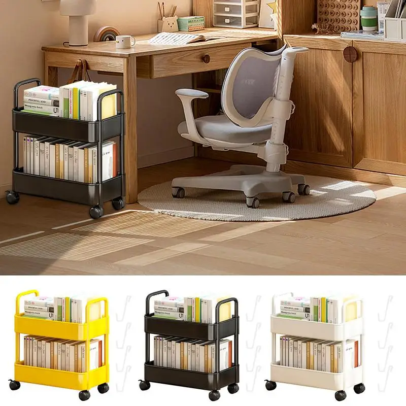 

Movable Bookshelf Cart Magzine Storage Shelve 2 Tiers Multi Functional Large File 1Pc Bookcase With Drawer Home Office Organizer