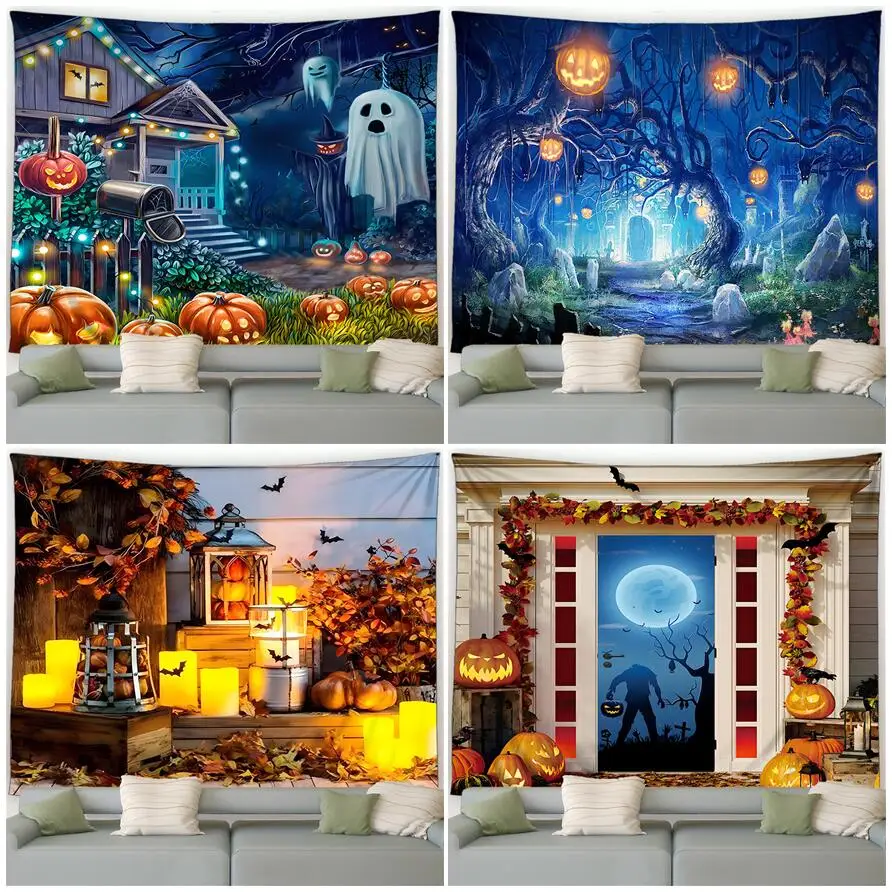 

Настенный Гобелен на Хэллоуин, забавная тыква, призрак, мертвое дерево, летучая мышь, Ночной лес, пейзаж, украшение для дома, гостиной, спальни