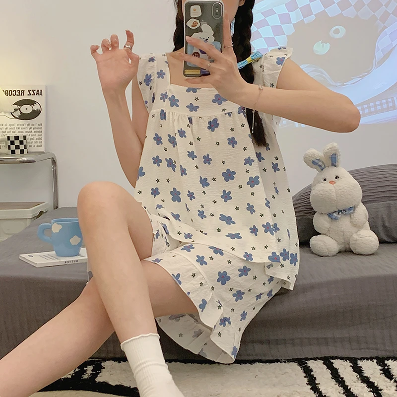 CAIYIER 2023 Summer Women Sweet Nightwear Soft Sleeveless Sleepwear Suit Square Collar Cute Bear Pajamas Set Lingerie Homewear