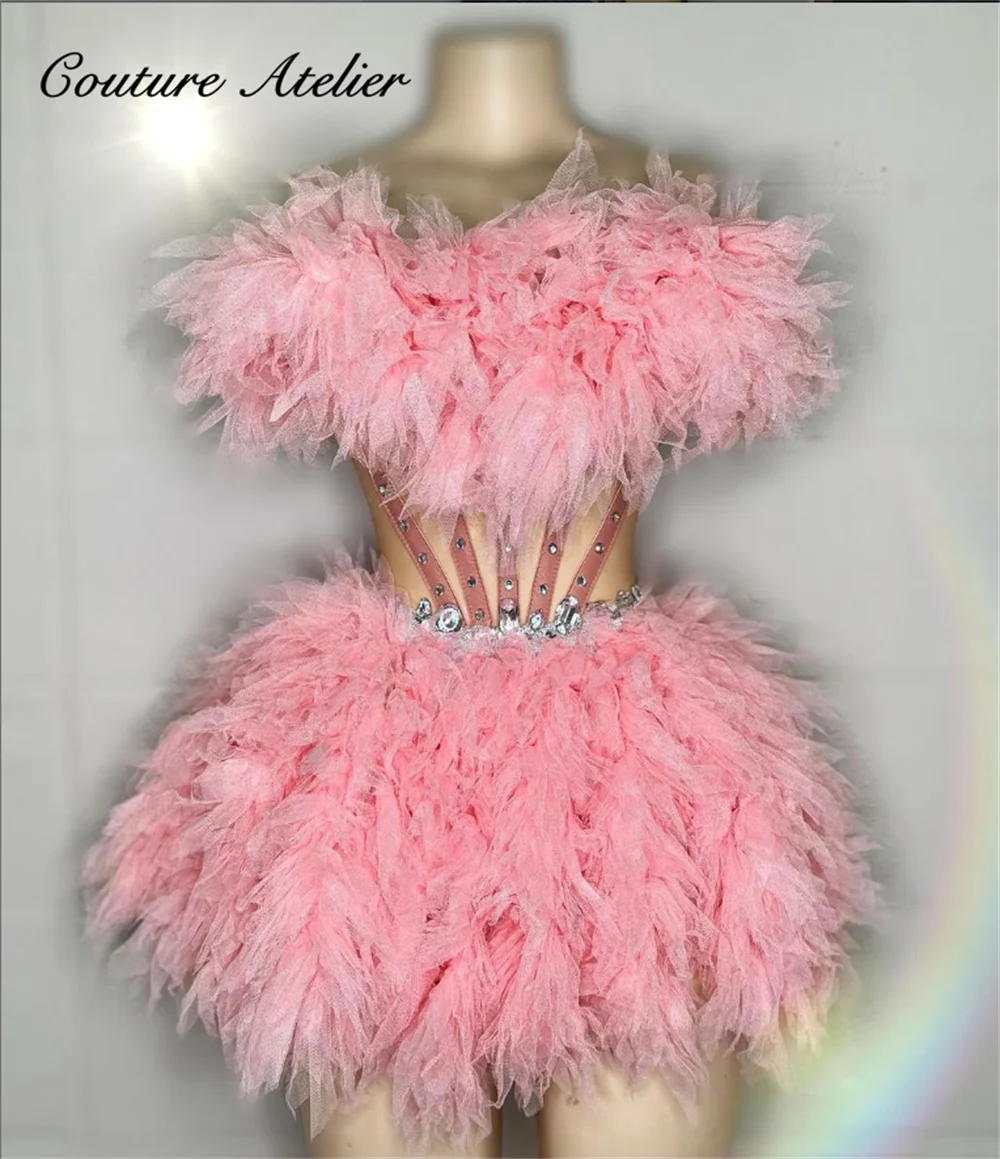 

Princess Pink Tulle Ruched Prom Dresses Strapless Corset Homecoming Dress Crystal Mini Cocktail Party Gown Ball Gown robe de bal