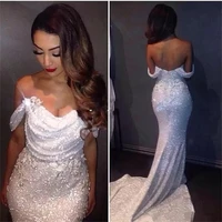 elegant white mermaid prom dresses low back glitter sequin appliqued beads floor length long formal evening dress robe de mari%c3%a9e