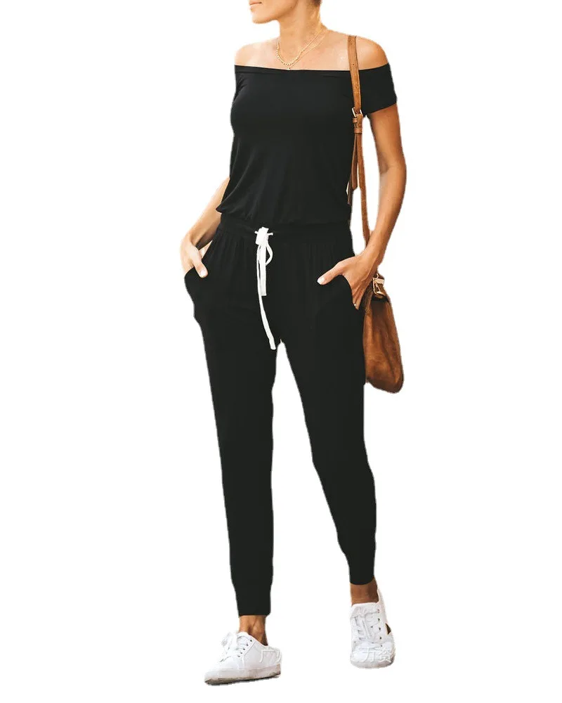 

Женский Повседневный комбинезон на завязках, черные комбинезоны с вырезом лодочкой на весну и лето, модные брюки с карманами и воротником