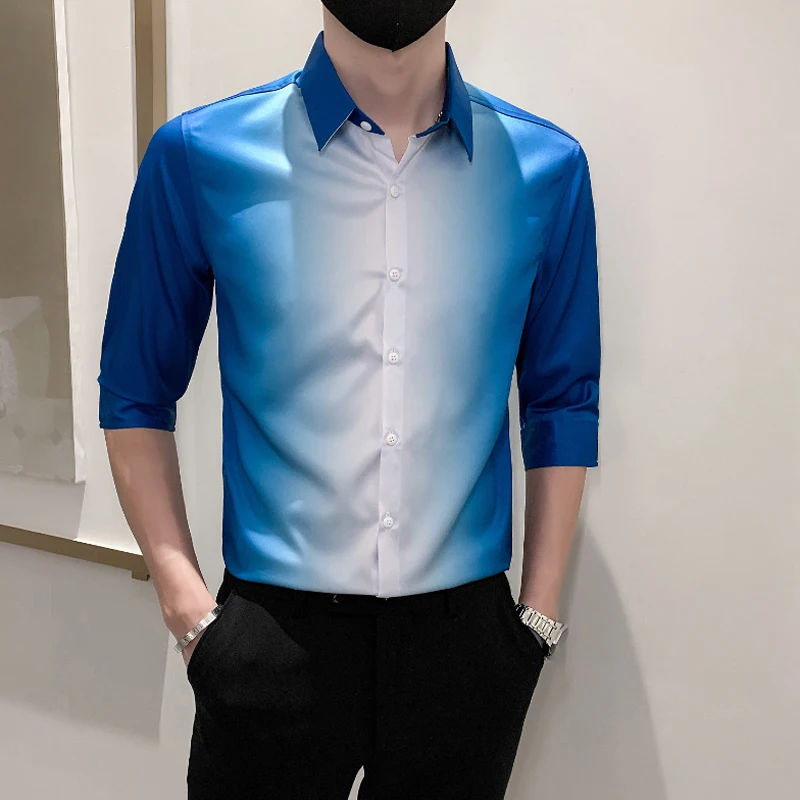 

2022 Spring Summer Half Sleeve Gradient Shirts for Men Slim Fit Casual Shirt Social Party Club Prom Tuxedo Dress Blouse
