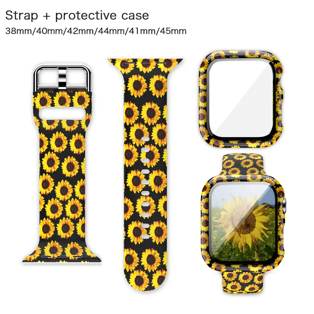 Box+Glass+Case+Strap For Apple Watch band 41mm 45mm 40mm 44mm Printed watchband Silicone correa bracelet iWatch 7 6 5 4 se Strap