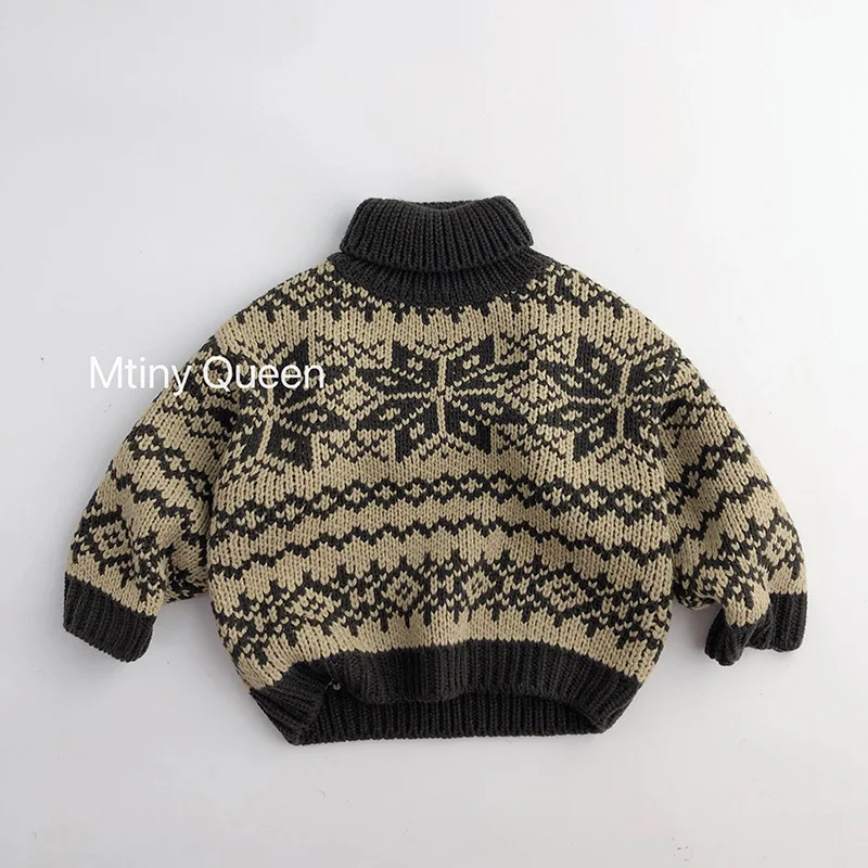 

2023 Infant Boys Autumn Winter Sweater Cotton Knitted Thick Turtleneck Tops Floral Loose Warm Stretch Children Boys Sweater