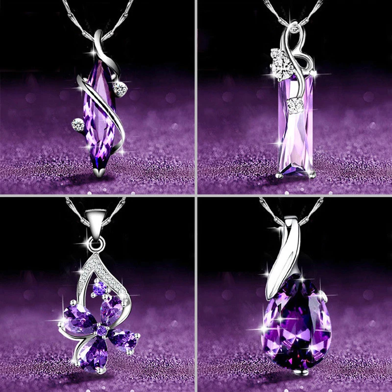 

New Aesthetic Purple CZ Women's Necklace Marquise/Square/Water Drop/Flower Pendant Luxury Fashion Female Wedding Jewelry 2021