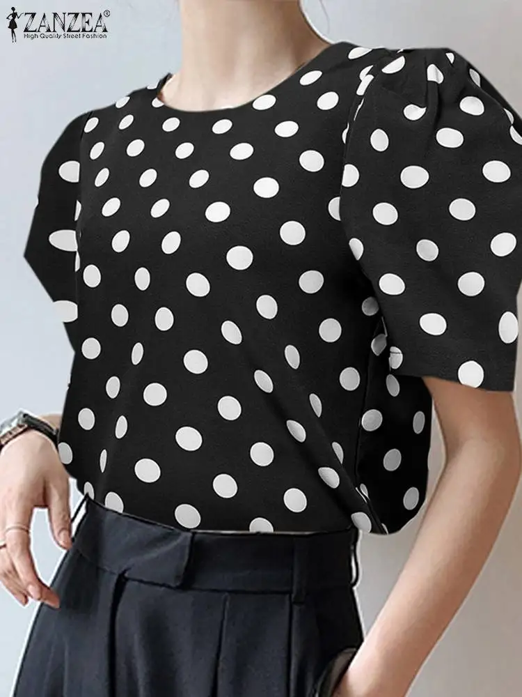 

ZANZEA Fashion Holiday Crewneck Shirt Summer Women Polka Dot Blouse Casual Loose Puff Short Sleeve Tops Oversized 2023 Blusas