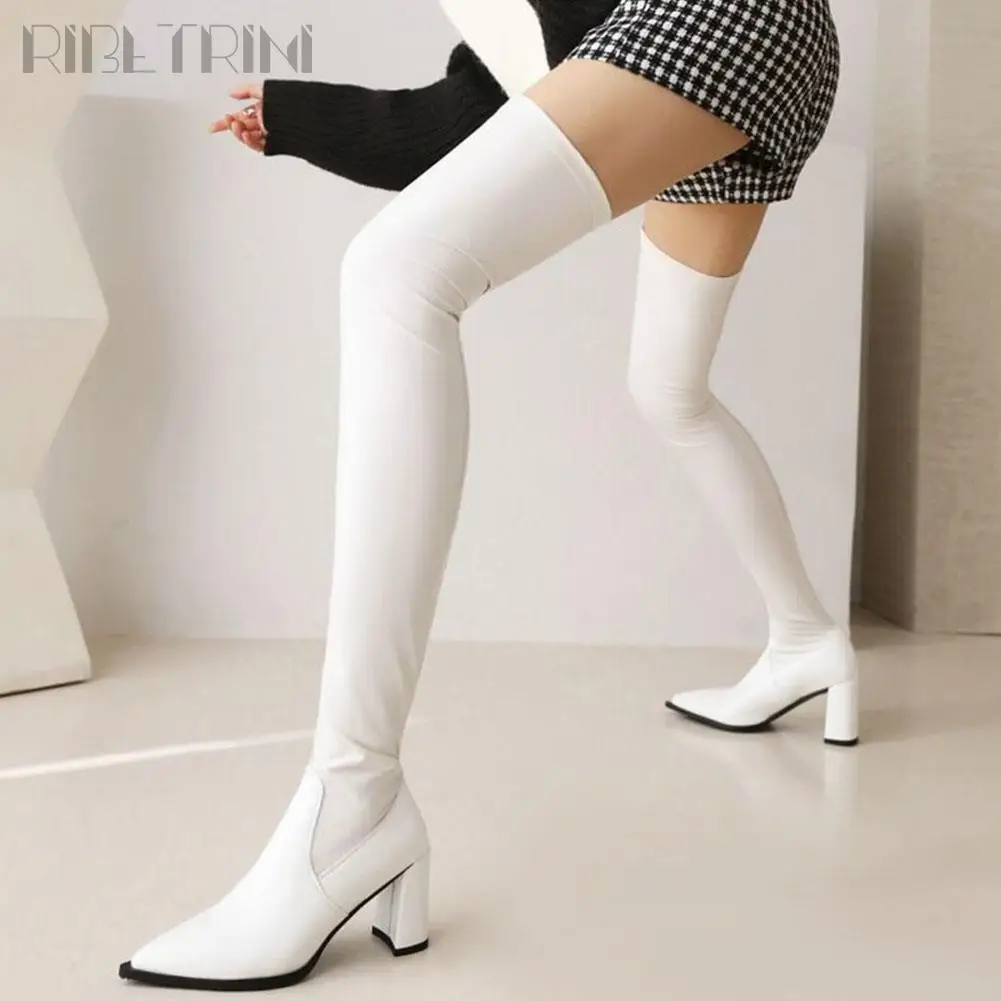

Big Size 46 High Heeled Women Boots Over Knee High Chunky Heel Pointed Toe Trendy Luxury Elegant Boots Sexy Woman Shoes Winter
