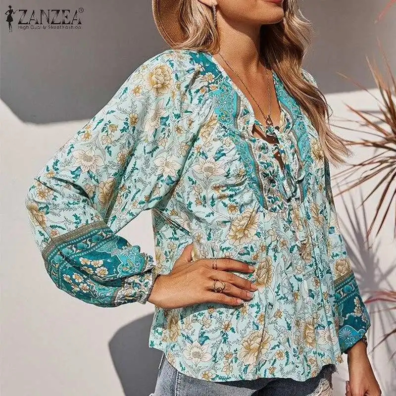 

ZANZEA 2022 Autumn Women V-Neck Printing Blouse Full Sleeve Holiday Tops Elegant Bohemian Loose Elegant Casual Vintage Blusas