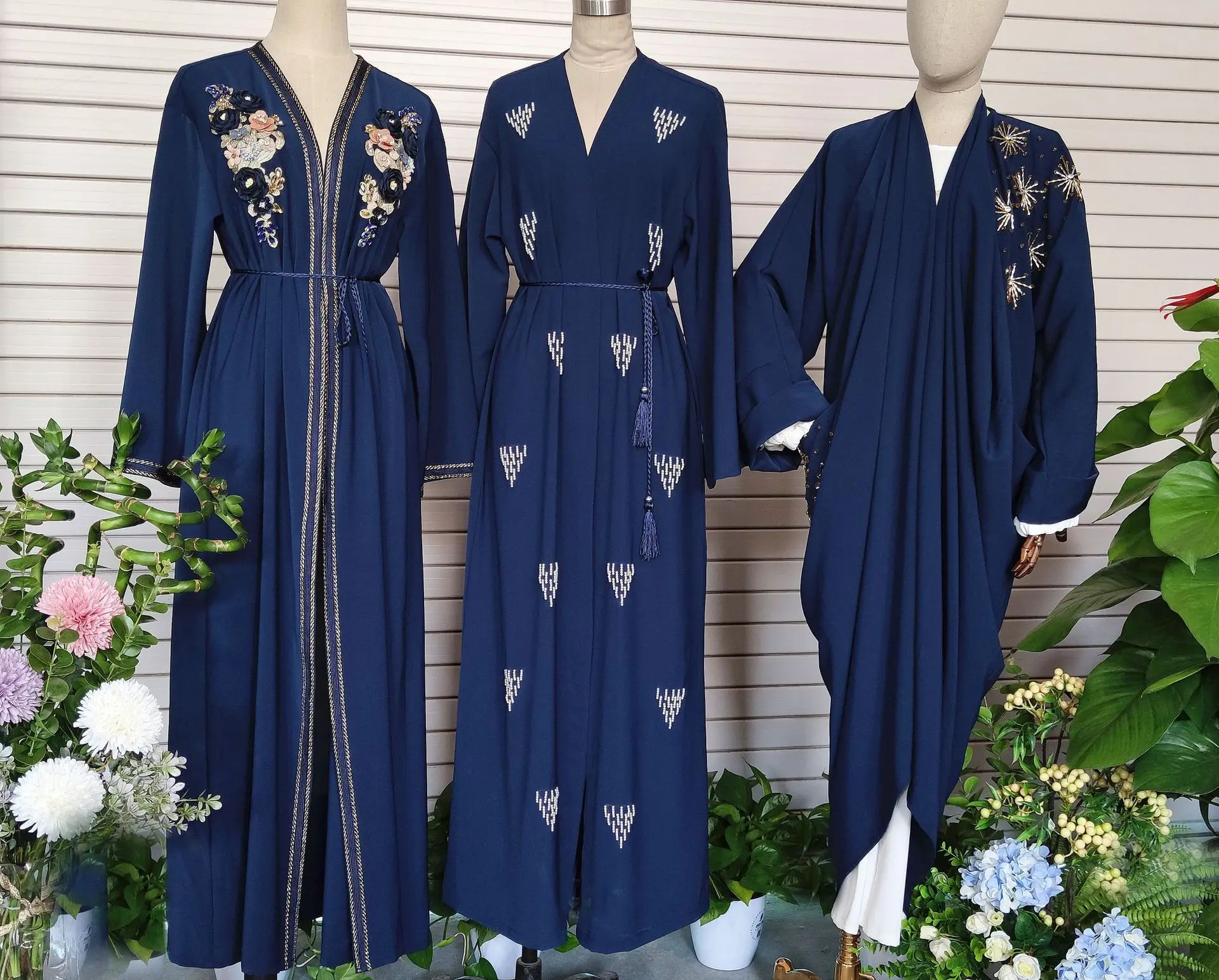 Blue Bleads Open Kimono Women Muslim Abaya Dubai Kaftan Islamic Clothing Evening Party Gown Caftan Marocain Djellaba Eid Ramadan