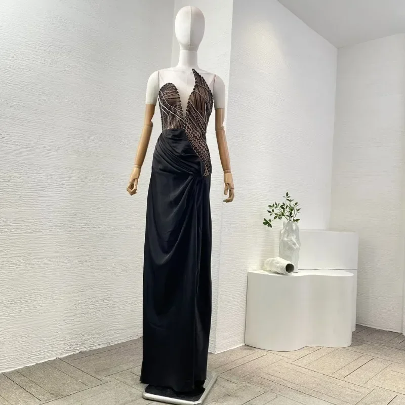 Женские платья макси без рукавов с бисером вечерние черные блестками новый