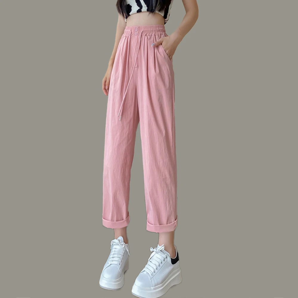 

Women's Summer Cropped Pants Elastic Waist Drawstring Straight Pants Female Casual 2023 Fashion Clothing