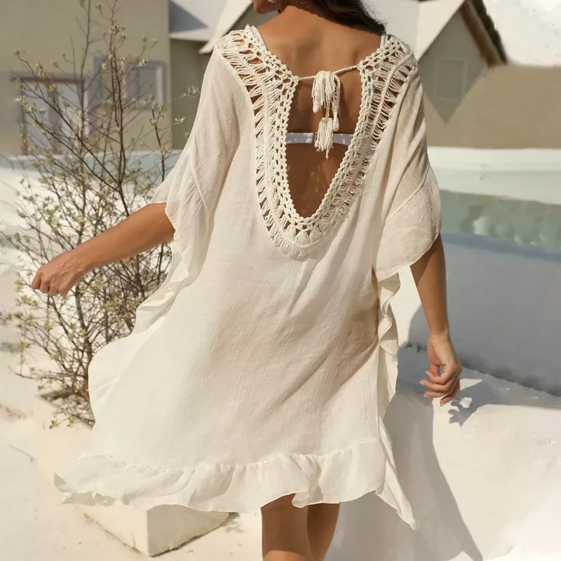

Sexy Bikini Cover Ups Summer Beach Dress Women Solid Swimwear Cover-Up Beachwear Sexy Hollow Backless Bathing Suit Cover-ups