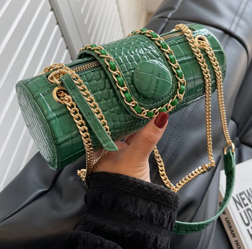 

2022 New Small Chain Barrel Shaped PU Leather Bags for Women Luxury Brand Arabs Designer Handbag Fashion Shoulder Crossbody Bags