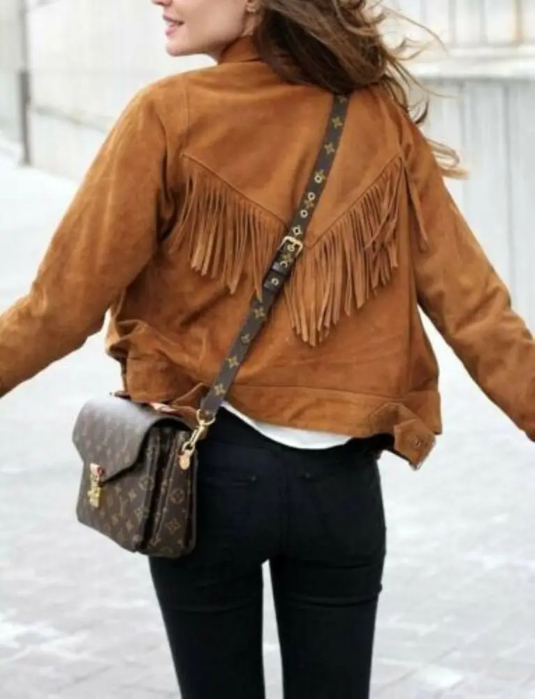 Women Fringe Suede Leather Jacket Brown Stylish Native American Vintage Coat Girl Fashion Tassel Decoration