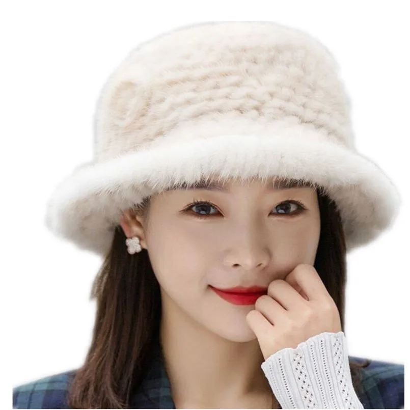 Russia Women Warm 100% Genuine Mink Fur Hat Lady Fashion Knitted Fur Beanies Outdoor Casual Fedora