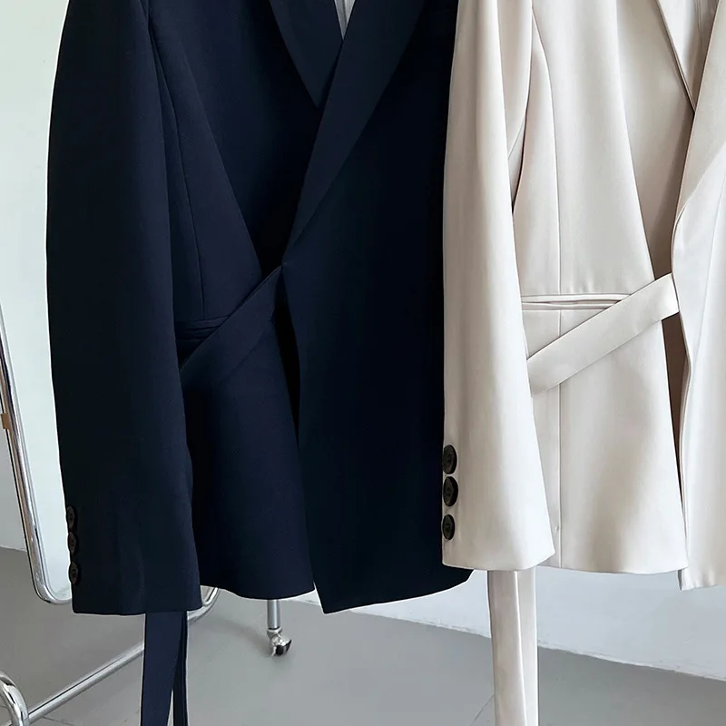 Women Designer Blazer Jackets 2023 Spring Autumn Single Button Lapel Loose Suit Jackets Female Fashion Draping Lace-up Suit Coat