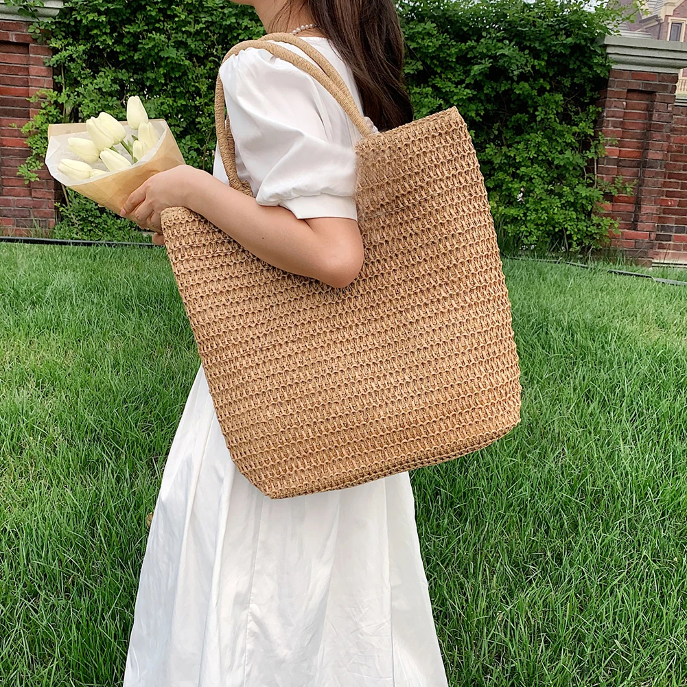 

Hand-woven Straw Beach Bag Vintage Handmade Woven Shoulde Raffia Circle Rattan Bohemian Summer Vacation Casual Bags