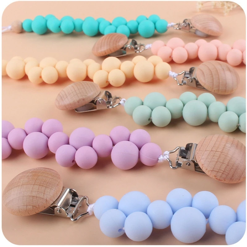 

Baby Pacifier Chain Clip Nursing Soother Holder Silicone Beads Teether Beech Wooden Clip DIY Dummy Nipple Holder Leash BX0D