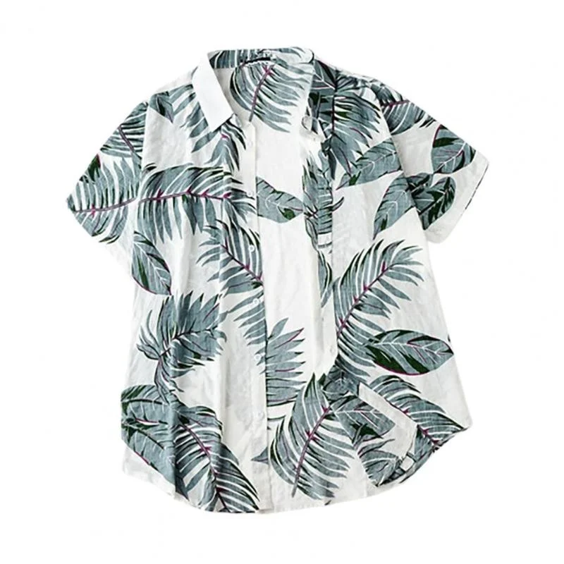 

Short-sleeved Hawaiian Shirt Men Autumn Loose Literary Casual Style Men's Beach Vacation Printed Tree Leaves Shirts