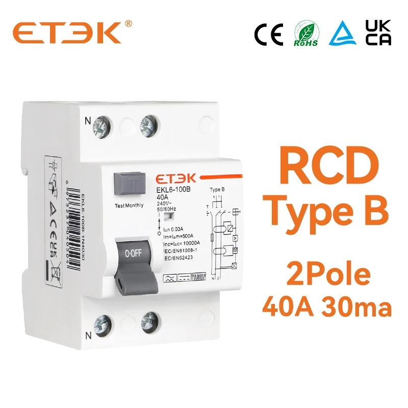 

ETEK RCD Type B Evse 2P 2Poles DC Earth Leakage Circuit Breakers RCCB 40a 30ma EKL6-100B 10KA Din Rail 220V