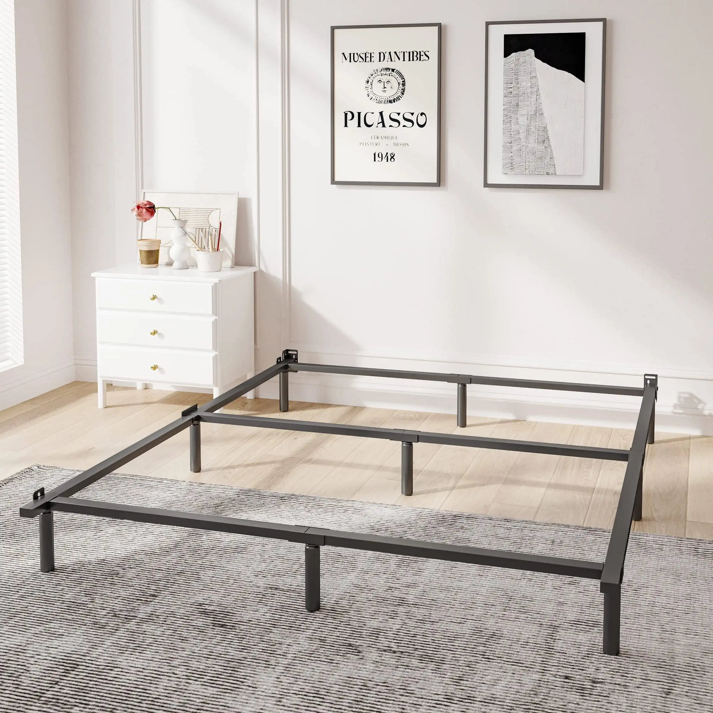 

QFTIME Adjustable Low Profile Metal Bed Frame, Bed Base for Box Spring, Black, Queen