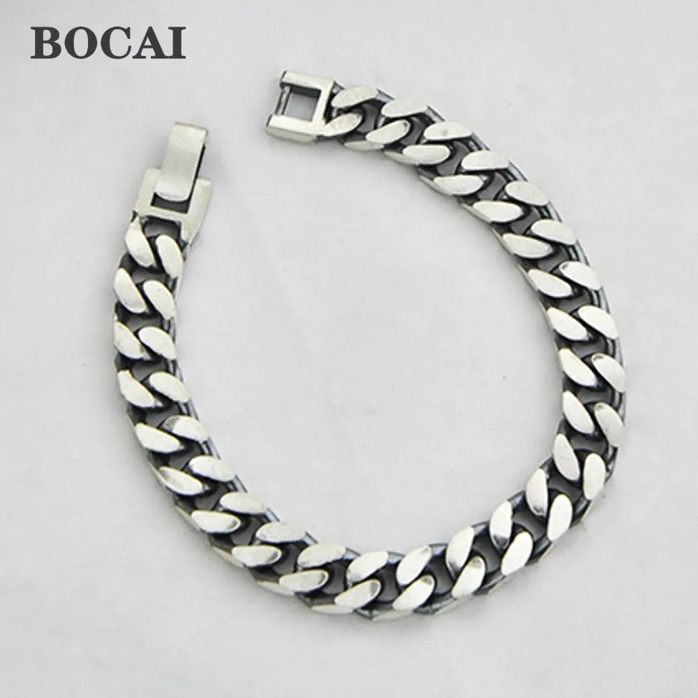8MM BOCAI New Real Solid S925 Pure Silver Sideways Man And Woman Bracelet Couple Simple Retro Chain