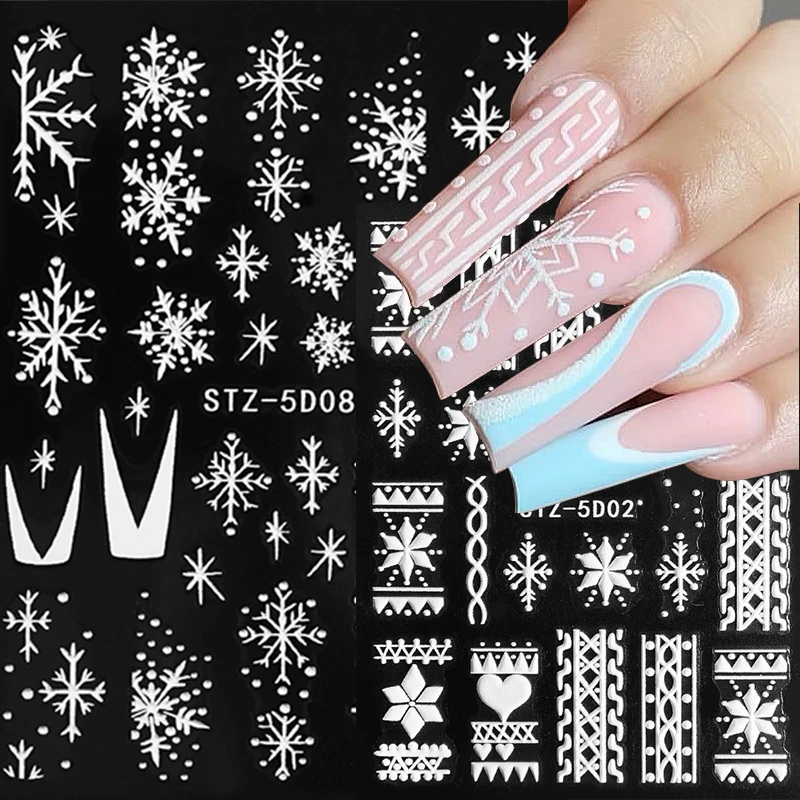 

Christmas Nail Art Stickers 3D White Snowflake Self-adhesive Nails Decals Snowman Santa Claus Elk Design Manicuring Decoration