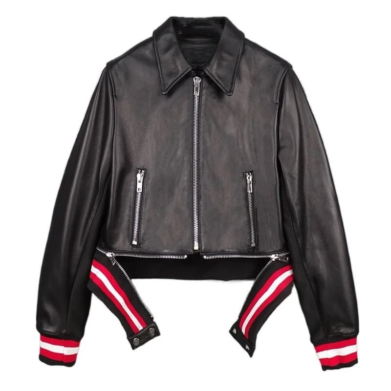 

Women genuine leather jacket punk motorcycle sheep skin short jacket turn-down design collar thin casual fit outerwear