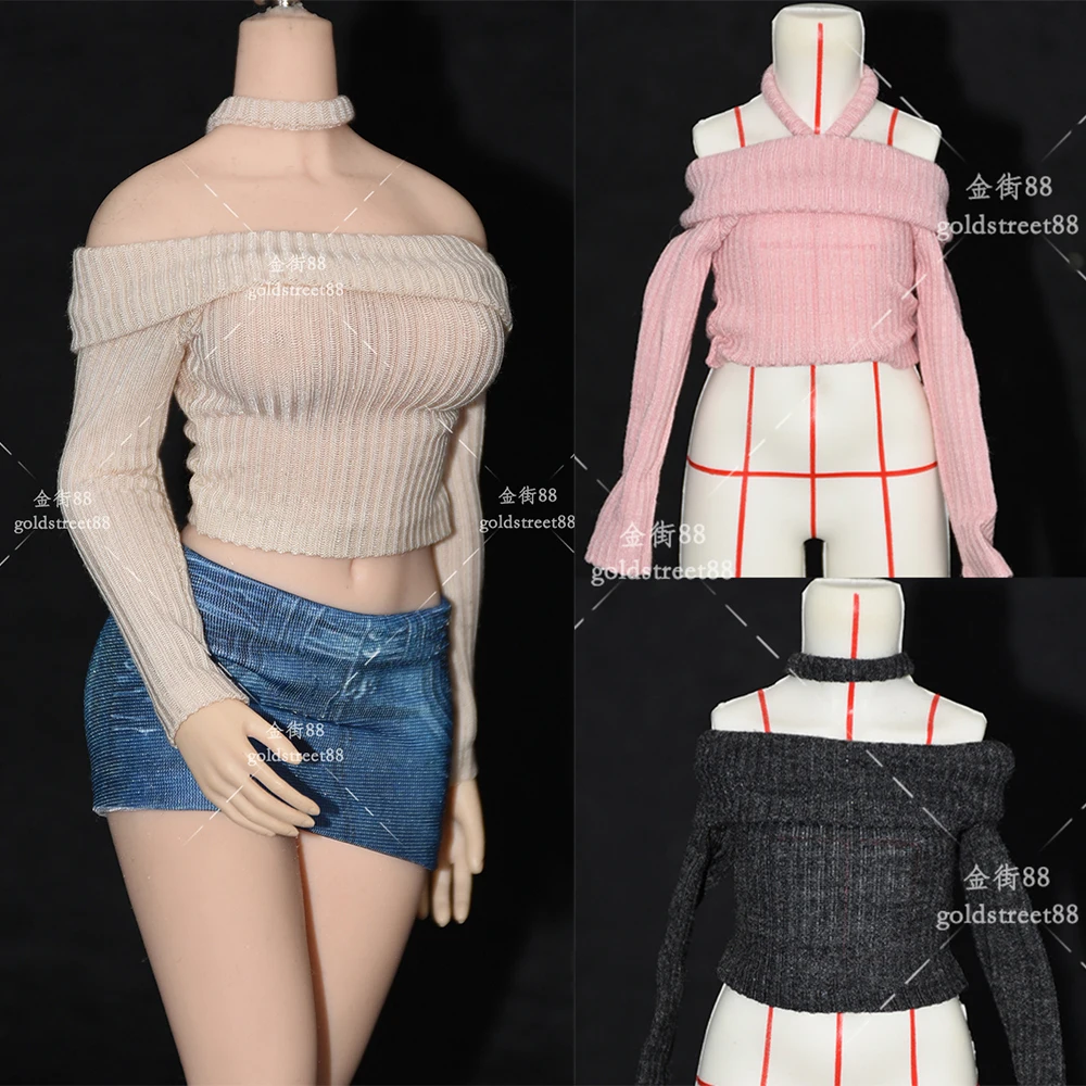 1/6 Scale Female Elastic Off Shoulder Halterneck Long Sleeved Shirt Top Clothes For 12