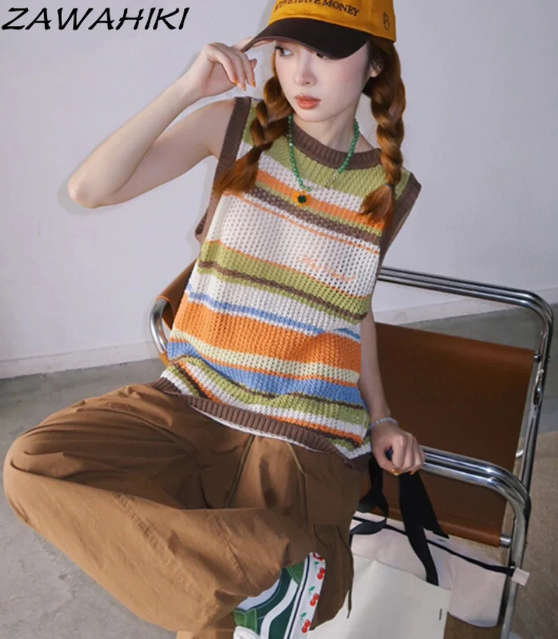 

Japanese Contrast Color Stripe Hollow Out Knitted Pullover Women Summer New Loose Casual Streetwear Versatile Chic Ropa Mujer