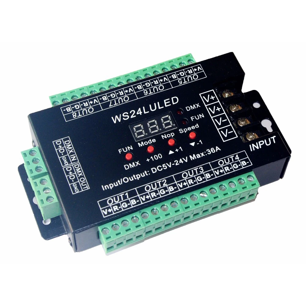 

Фонарь с цифровым дисплеем, 24CH Easy Dmx512 DMX декодер, диммер, каждый канал, макс. 3A 24*1,5 a 24LU, светодиоды, 8 групп, RGB-контроллер