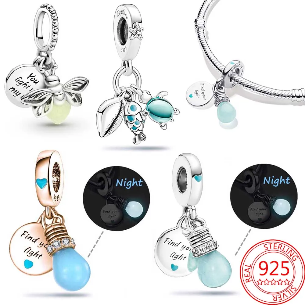 Meaningful Pendant S925 Sterling Silver Glow-in-the-dark Lightbulb Double Dangle Charm Fits Brand Bracelet Kids Jewelry Gift