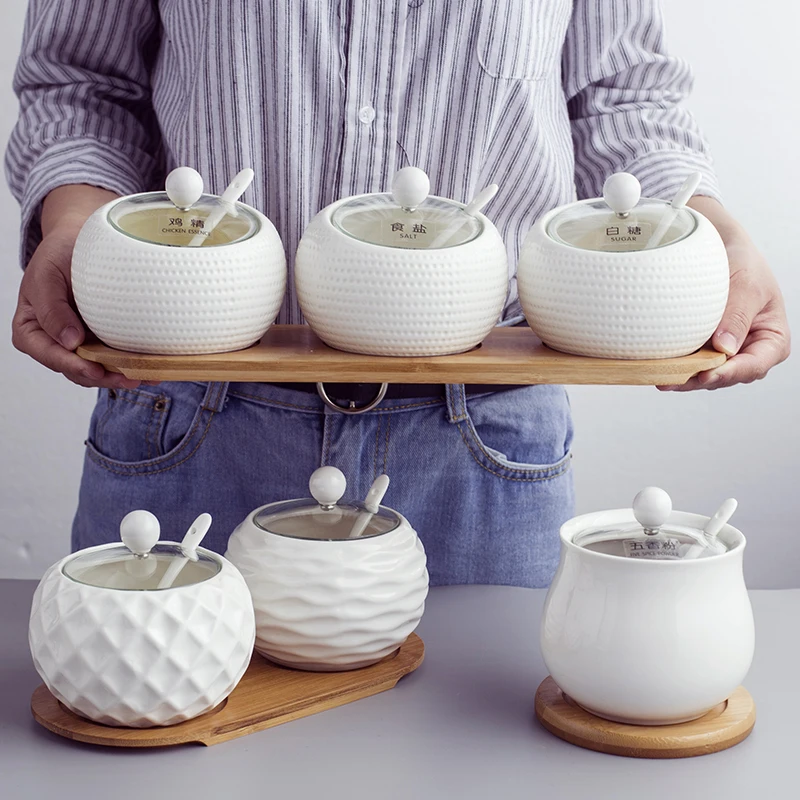 Кухонная бытовая керамическая банка для приправ стеклянная крышка коробка