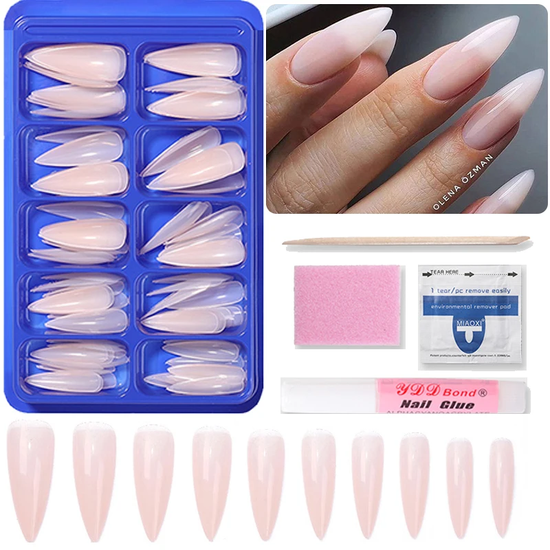 1 Set 100Pcs Gel Nails Extension Nail Tips with Remover Pusher Full Cover Sculpted Clear Coffin False Nail Tips Kits