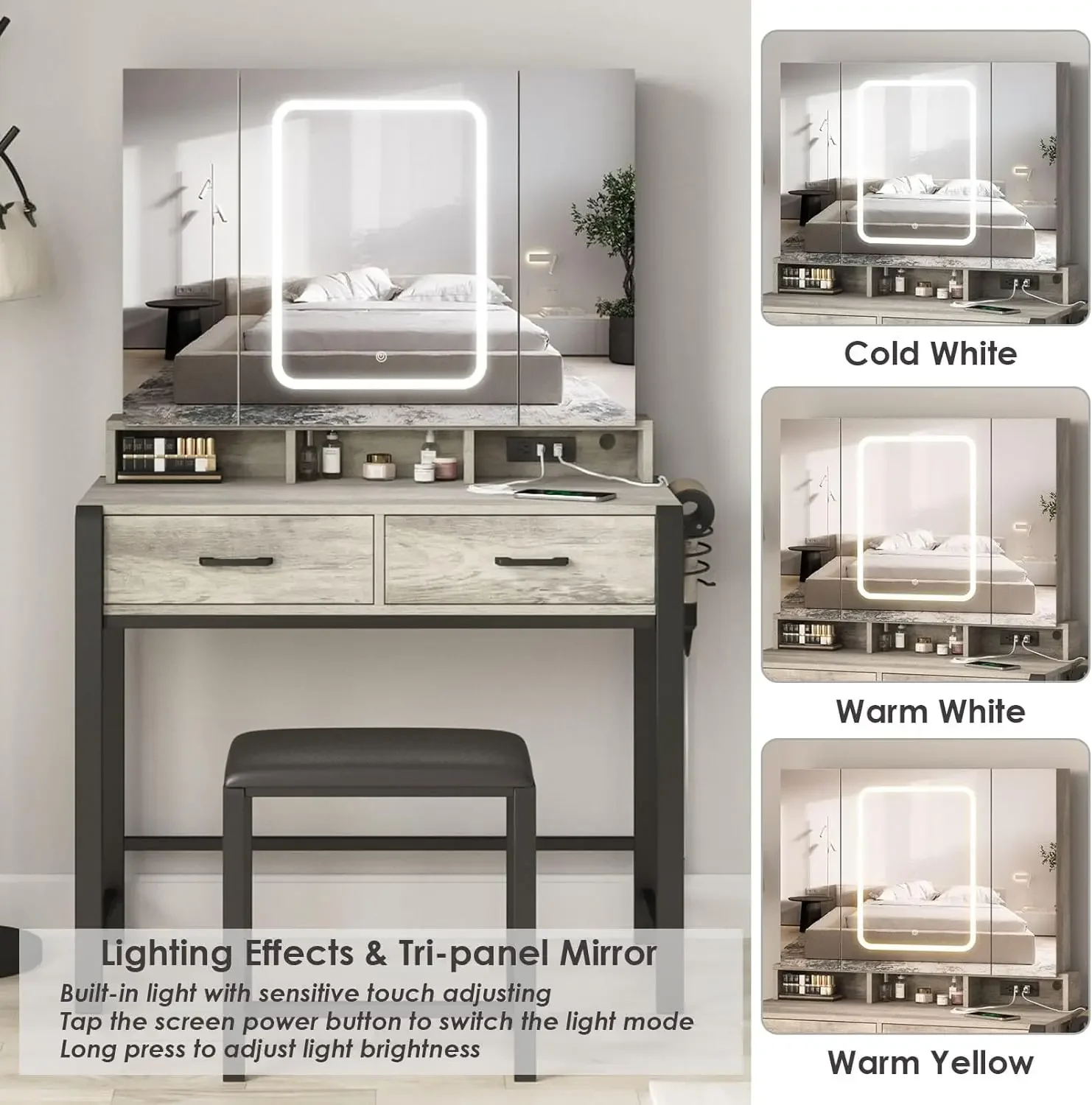 Столик для туалетного столика с подсветкой и удлинителем трехскладной столик