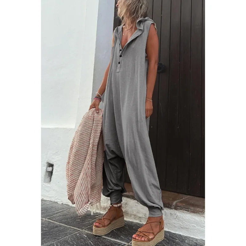 Women Button Hooded Sleeveless Jumpsuit 2023 Summer Solid Overalls Female One Pieces Trousers Long Joggers Pants Y2k Streetwear