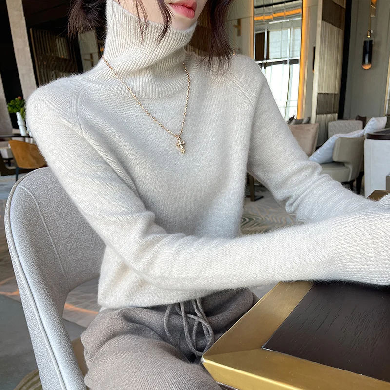 Autumn And Winter New Women's Close Fitting Fine Cashmere Shirt Fashion High Lapel Pullover Soft And Elegant Knitted Warm Sweate enlarge