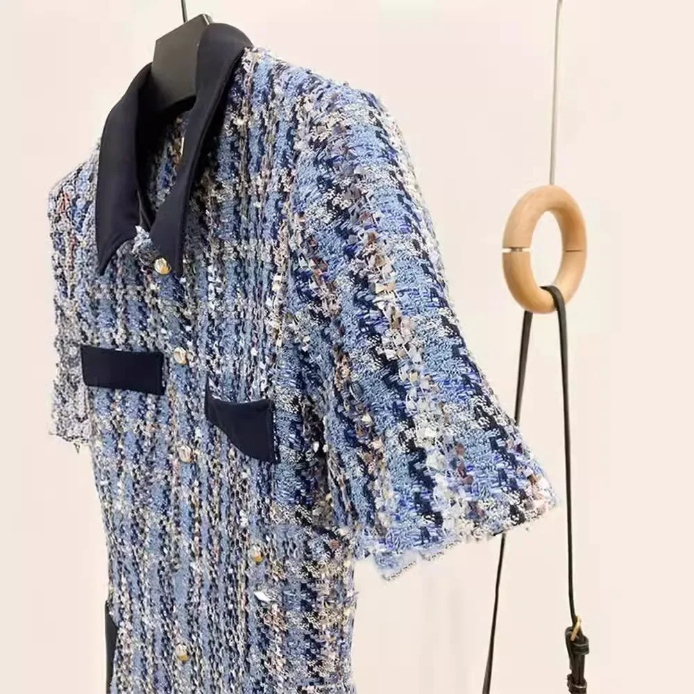 Летнее клетчатое платье из грубого твида во французском стиле дизайн с