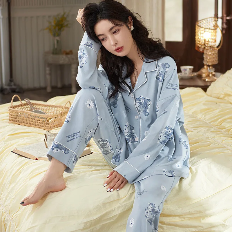 UHYTGF Women Pajamas Print Spring Autumn Cotton Sleepwear Female Long-Sleeved Trousers Home Clothes Casual Ladies Nightgown 2506