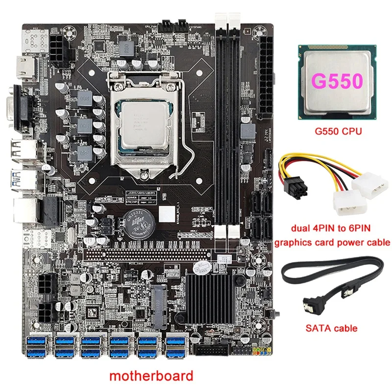 

B75 12 Card Mining Motherboard+G550 CPU+4PIN To 6PIN Power Cable+SATA Cable 12USB3.0(PCIE) Slot LGA1155 DDR3 RAM SATA3.0
