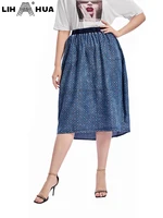 lih hua womens plus size denim skirt cotton woven high stretch slim fit casual skirt with pockets