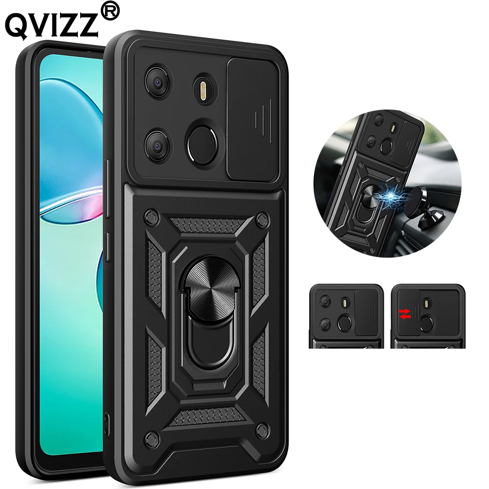 

Luxury Slide Camera Case for Tecno Pop 7 Pro BF7 Car Magnetic Ring Holder Armor Shockproof Soft Edges Phone Cover TecnoPop7Pro