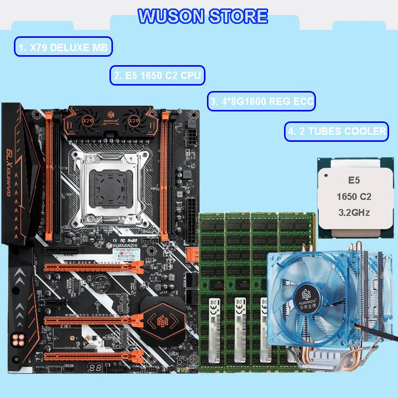 

HUANANZHI X79 Deluxe Gaming Motherboard with CPU Intel Xeon E5 1650 C2 Cooler Big Brand RAM 32G(4*8G) RECC M.2 NVMe SSD Slot
