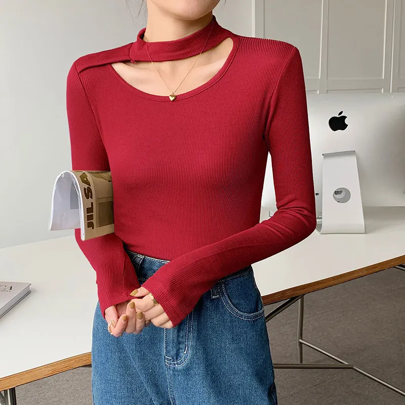 

New Spring Autumn Long Sleeve Slim T-shirt Women Fashion Hollow Out Halter Tops Ladies High Street Chic Sheathy Base Shirts