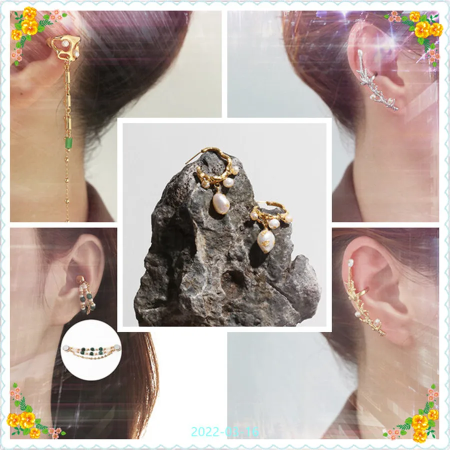 Зажим для ушей латунный позолоченный с натуральным жемчугом и кристаллами