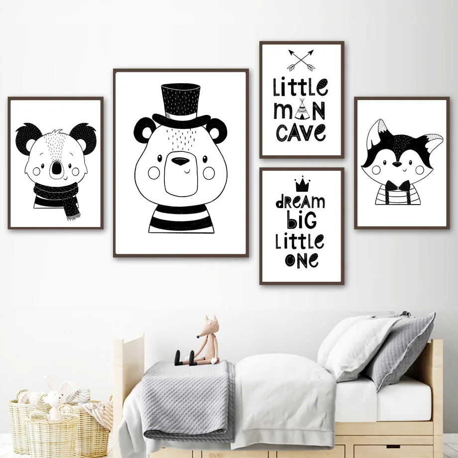 Черно-белая кавайная лиса медведь белка детская настенная Картина на холсте