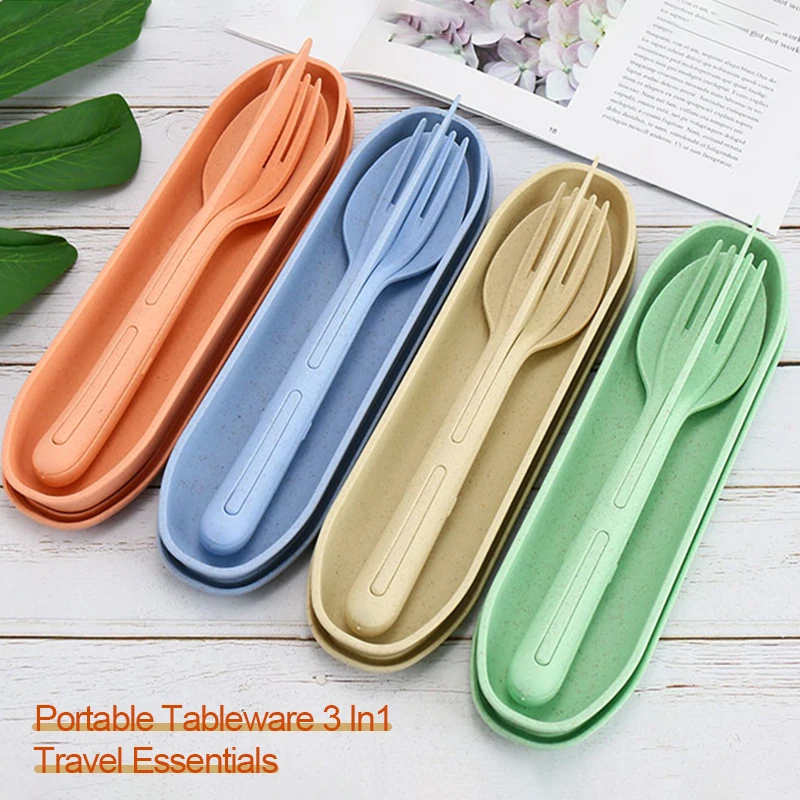 

3In1 Wheat Straw Dinnerware Set Fork Spoon Knife Set Travel Picnic Camping With Case Eco Friendly Portable Tableware Cutlery Set